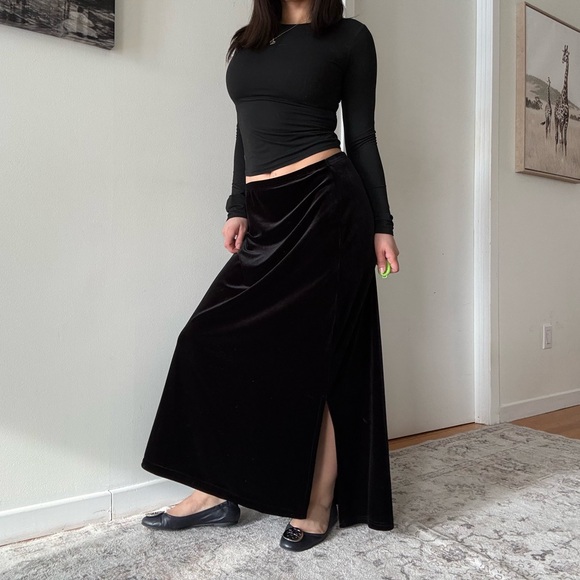 American Vintage Dresses & Skirts - 90s Vintage Black Velvet Maxi Skirt with Side Slit
